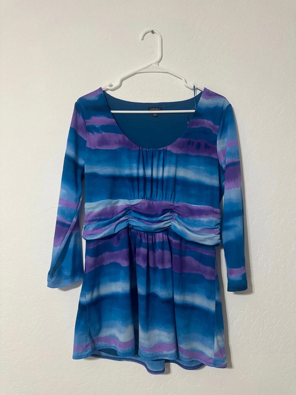 Nine West Watercolor Stripe Empire Waist Top Women Large Blue Purple 3/4 Sleeve